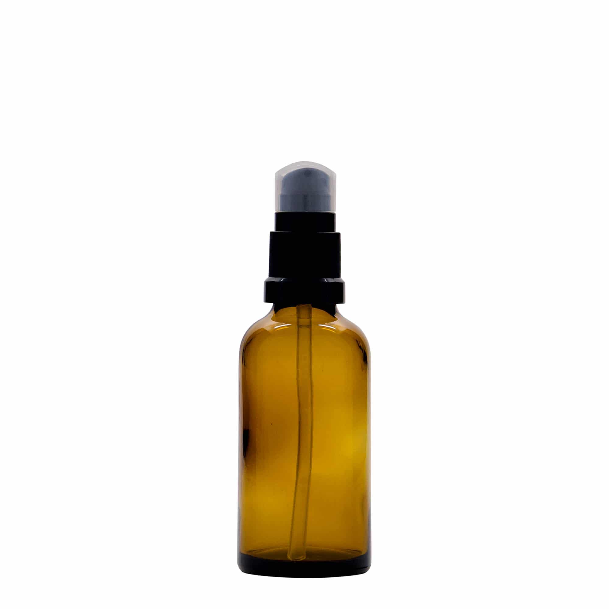 50 ml meditsiinipudel koos losjoonipumbaga, klaas, pruun, suu: DIN 18